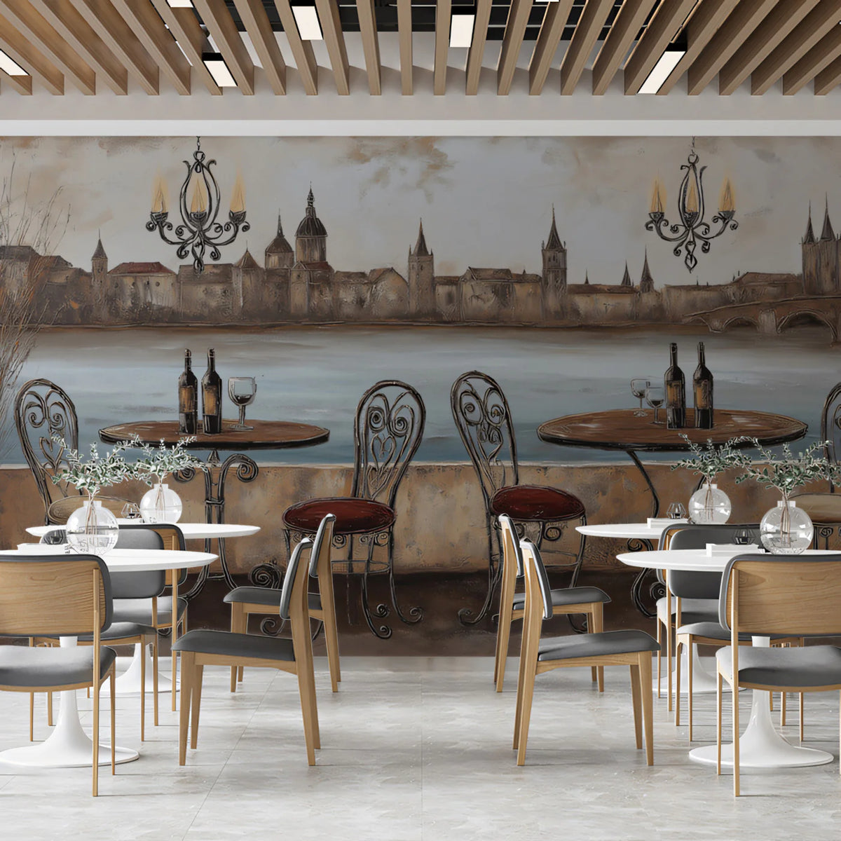 European Riverside Terrace Mural Wallpaper — Vintage Oil Painting Mural Wallpaper - pure wallpaper artwork