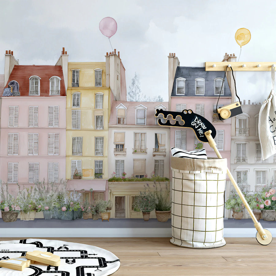 Watercolor Townscape Mural Wallpaper — Whimsical European Street Art Mural Wallpaper