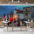Mediterranean Balcony Night Mural Wallpaper — Artistic Urban Scene Mural Wallpaper - pure wallpaper artwork