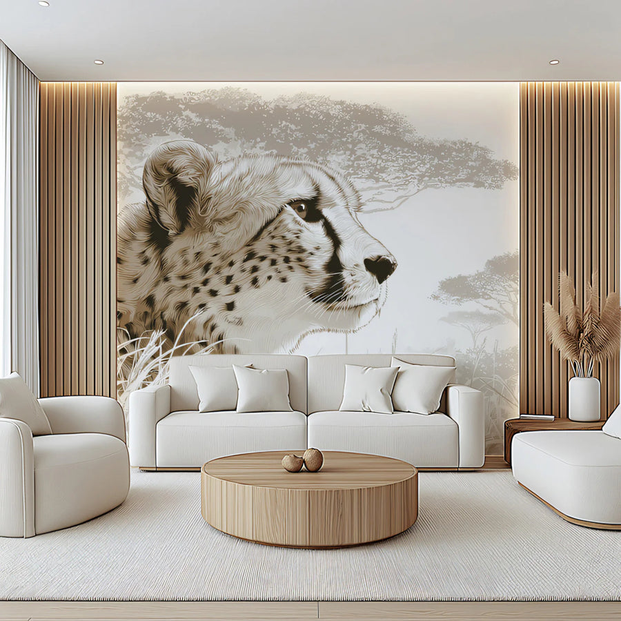 Cheetah Savanna Profile Mural Wallpaper — Minimalist Wildlife Art Mural Wallpaper