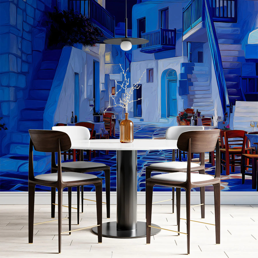 Midnight Greek Alleyway Mural Wallpaper — Impressionistic Style Mural Wallpaper
