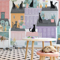 Parisian Cats Mural Wallpaper — Whimsical Townhouse Pattern Mural Wallpaper - pure wallpaper artwork