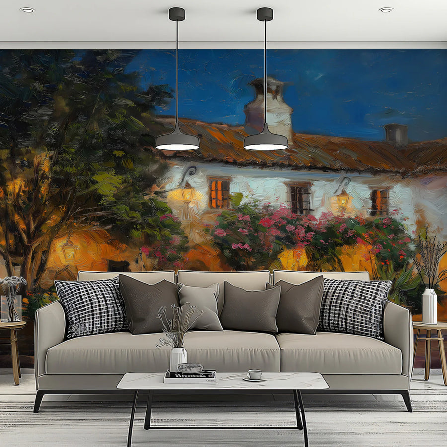 Mediterranean Evening Courtyard Mural Wallpaper — Impressionist Oil Mural Wallpaper