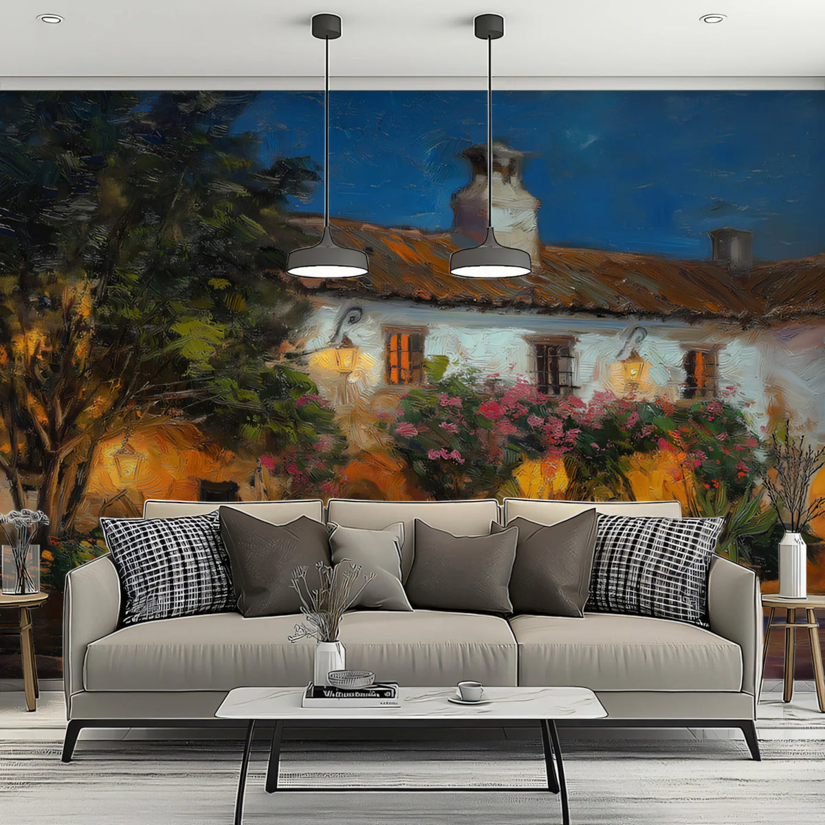 Mediterranean Evening Courtyard Mural Wallpaper — Impressionist Oil Mural Wallpaper - pure wallpaper artwork