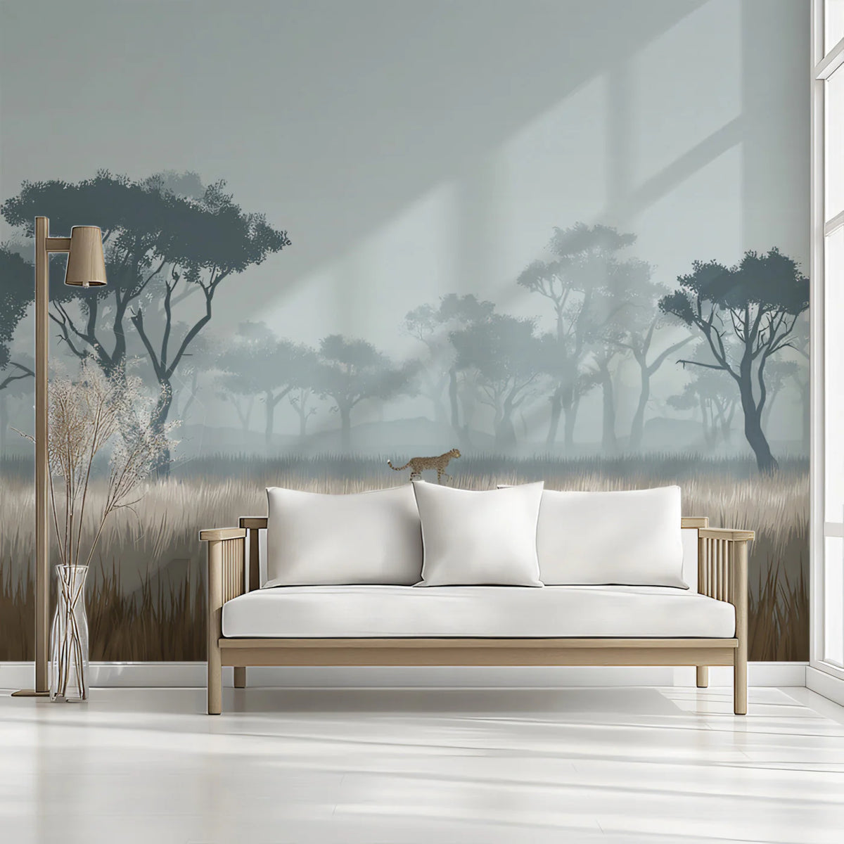 Misty Savanna Cheetah Mural Wallpaper — Atmospheric Landscape Mural Wallpaper - pure wallpaper artwork