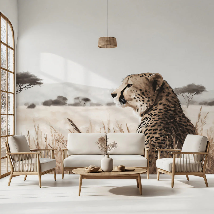 African Cheetah Savanna Mural Wallpaper — Desert Wildlife Illustration Mural Wallpaper