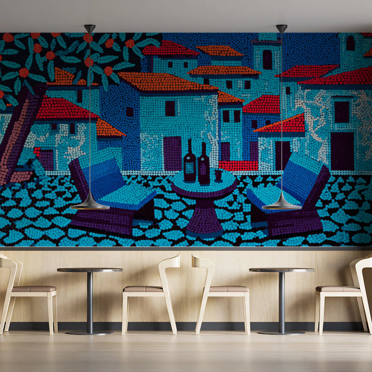 Mediterranean Town Pointillism Mural Wallpaper in Vibrant Blues Mural Wallpaper - pure wallpaper artwork