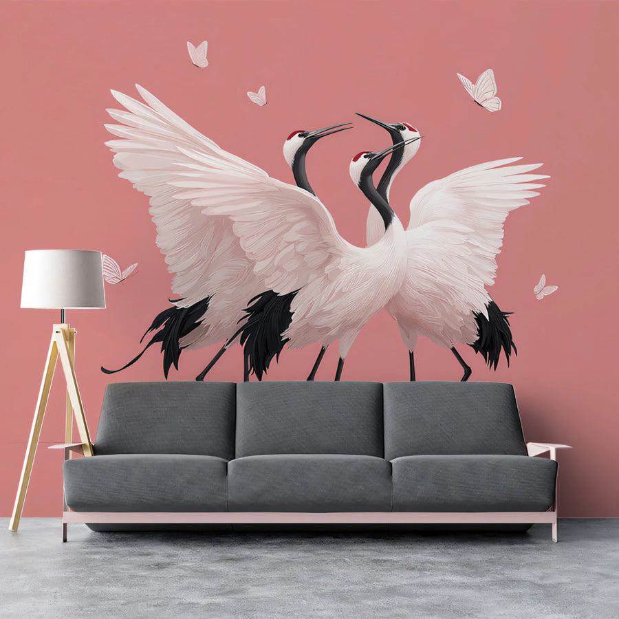 Dancing Cranes Mural Wallpaper — Minimalist Avian Wall Art Mural Wallpaper