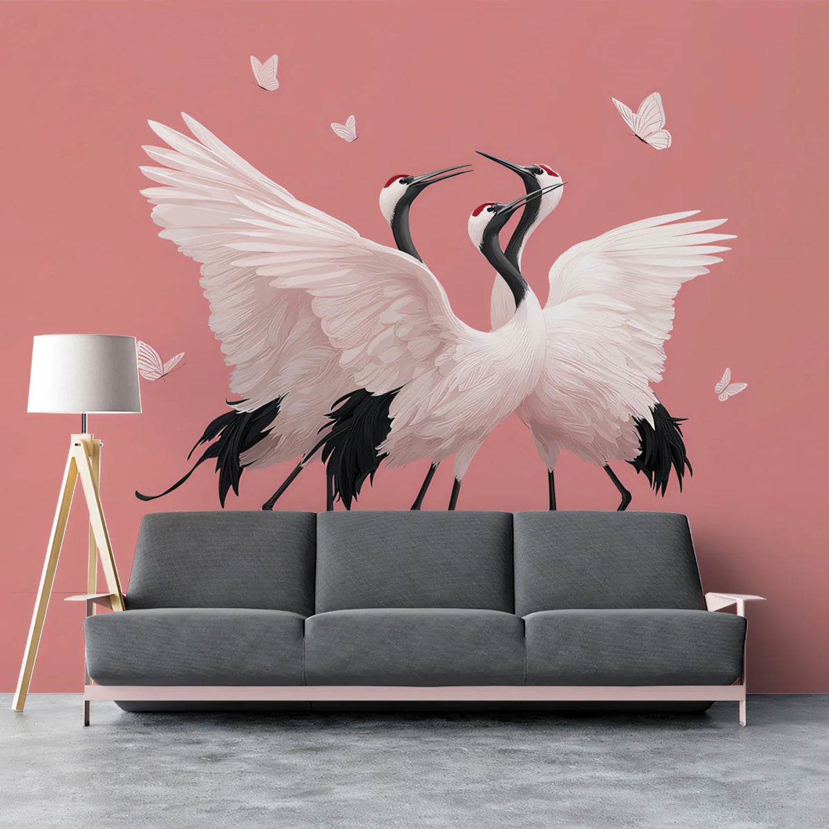 Dancing Cranes Mural Wallpaper — Minimalist Avian Wall Art Mural Wallpaper - pure wallpaper artwork