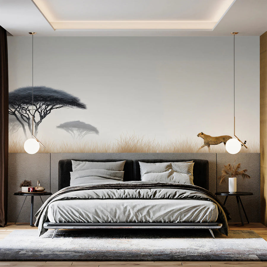 Minimalist Cheetah Savanna Mural Wallpaper — Muted Horizon Design Mural Wallpaper