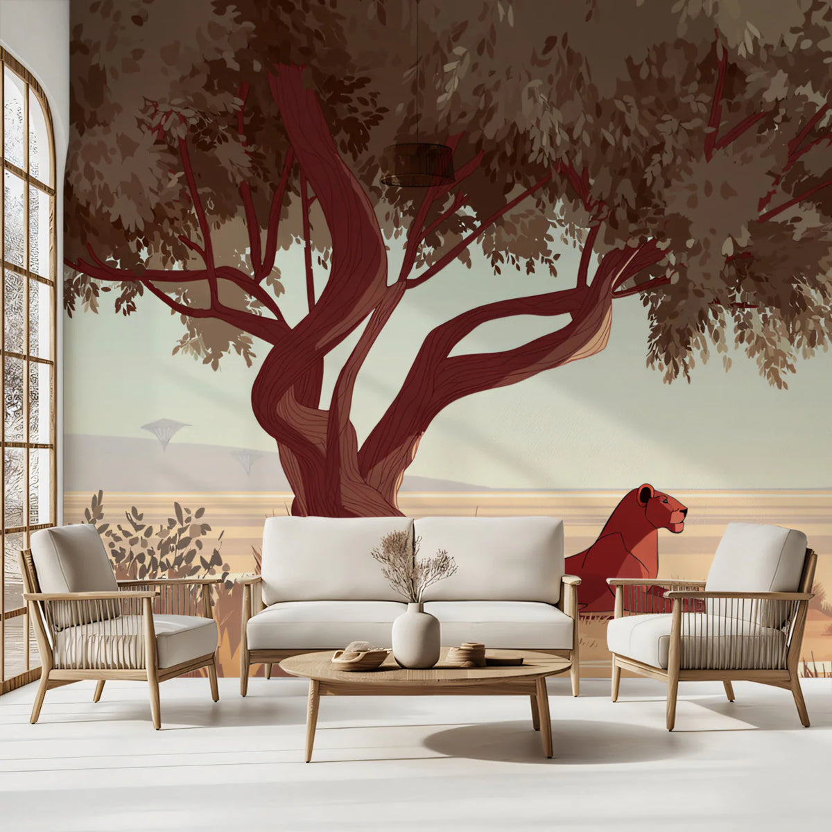 Minimalist Lioness Safari Mural Wallpaper — Earthy Savanna Scene Mural Wallpaper - pure wallpaper artwork