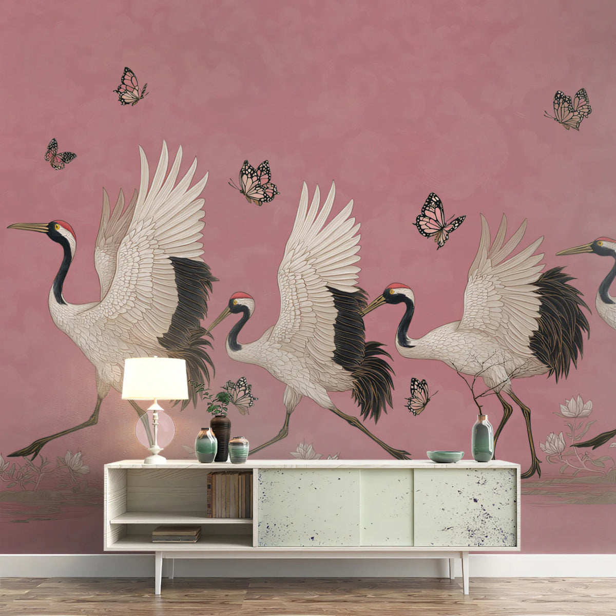 Dancing Cranes and Lotus Mural Wallpaper in Mauve Pink Mural Wallpaper - pure wallpaper artwork
