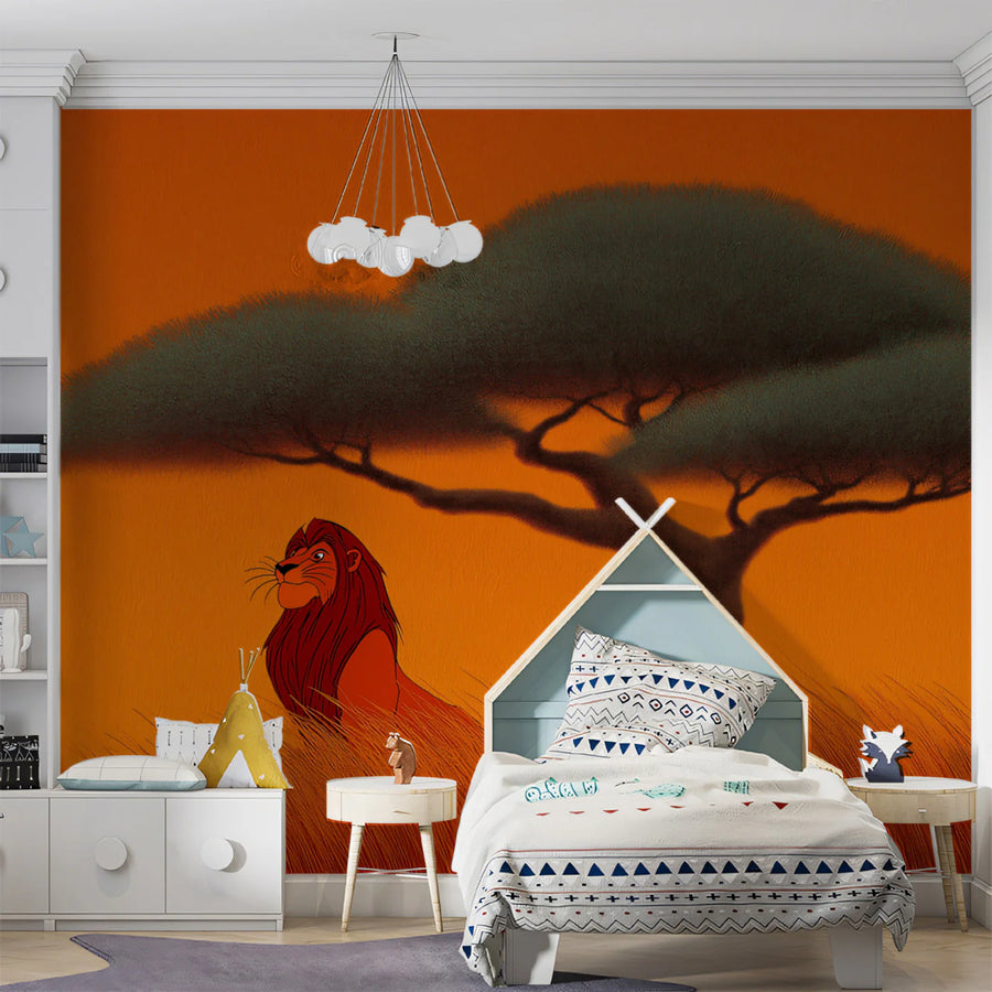 African Lion Savanna Mural Wallpaper — Sunset Landscape Illustration Mural Wallpaper