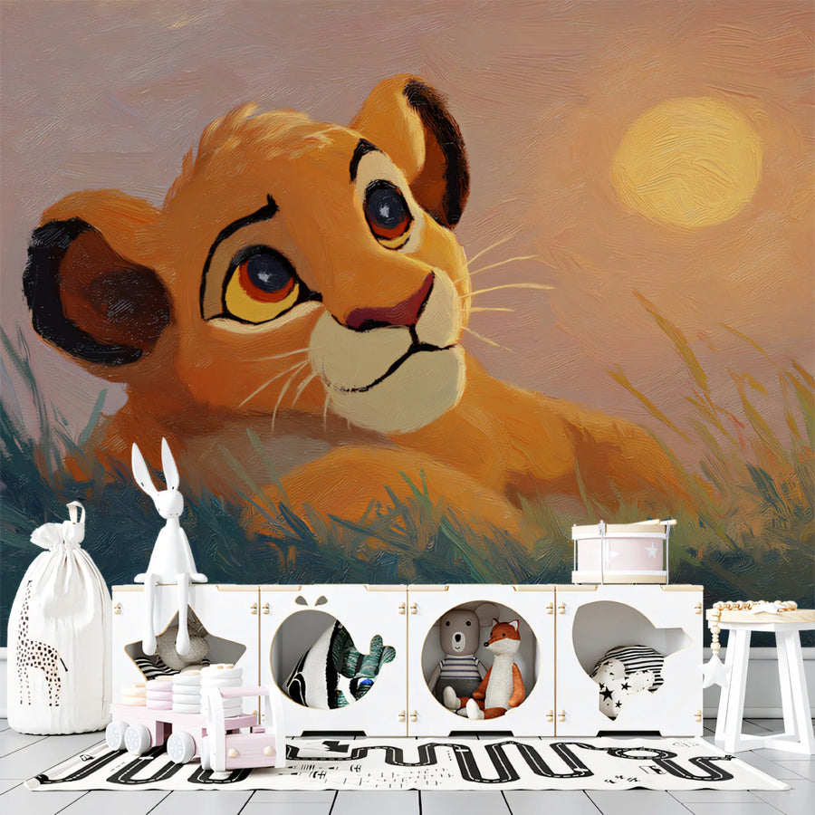 Lion Cub Sunrise Mural Wallpaper — Impressionistic Oil Painting Style Mural Wallpaper