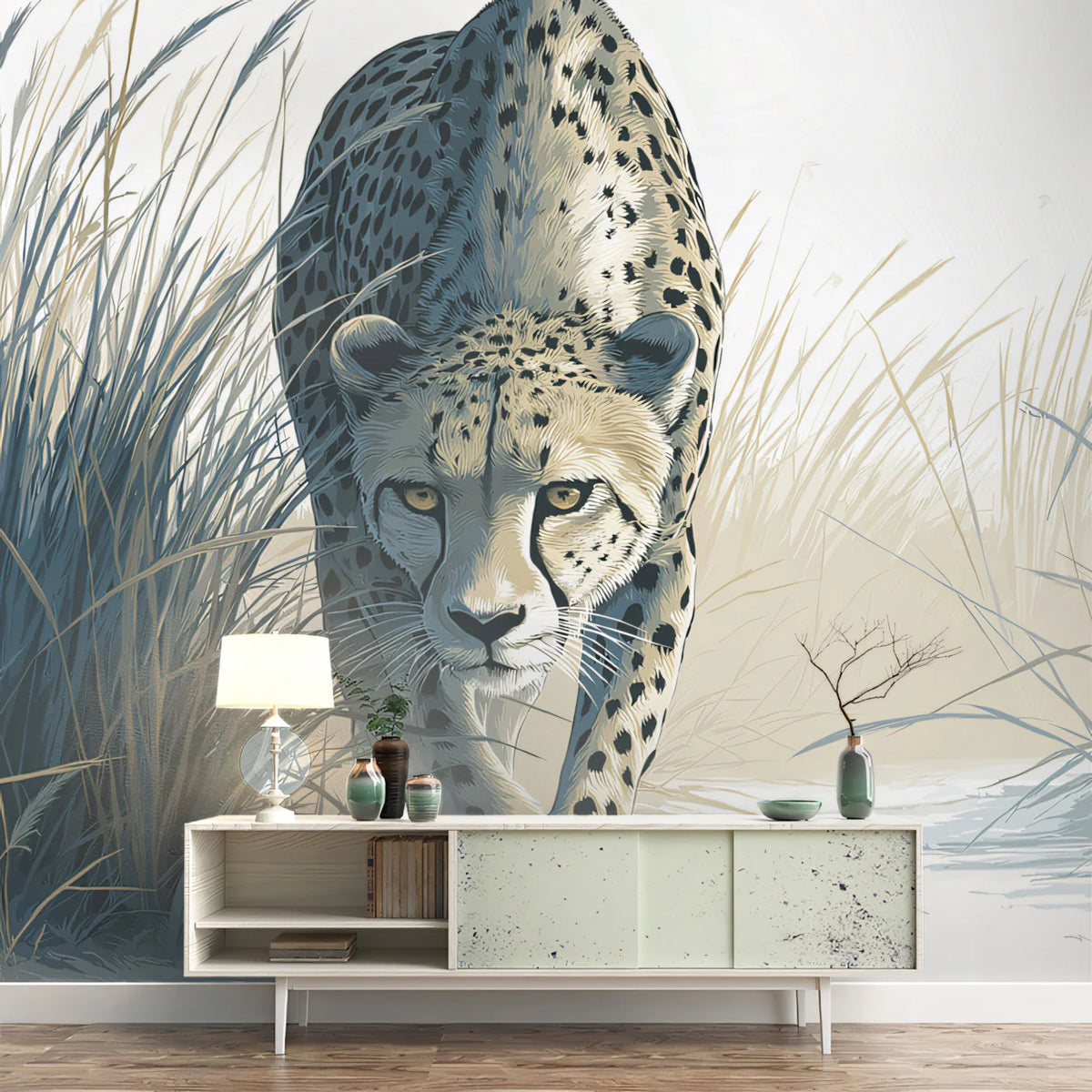 Stalking Cheetah Mural Wallpaper —Monochromatic Wildlife Design Mural Wallpaper - pure wallpaper artwork