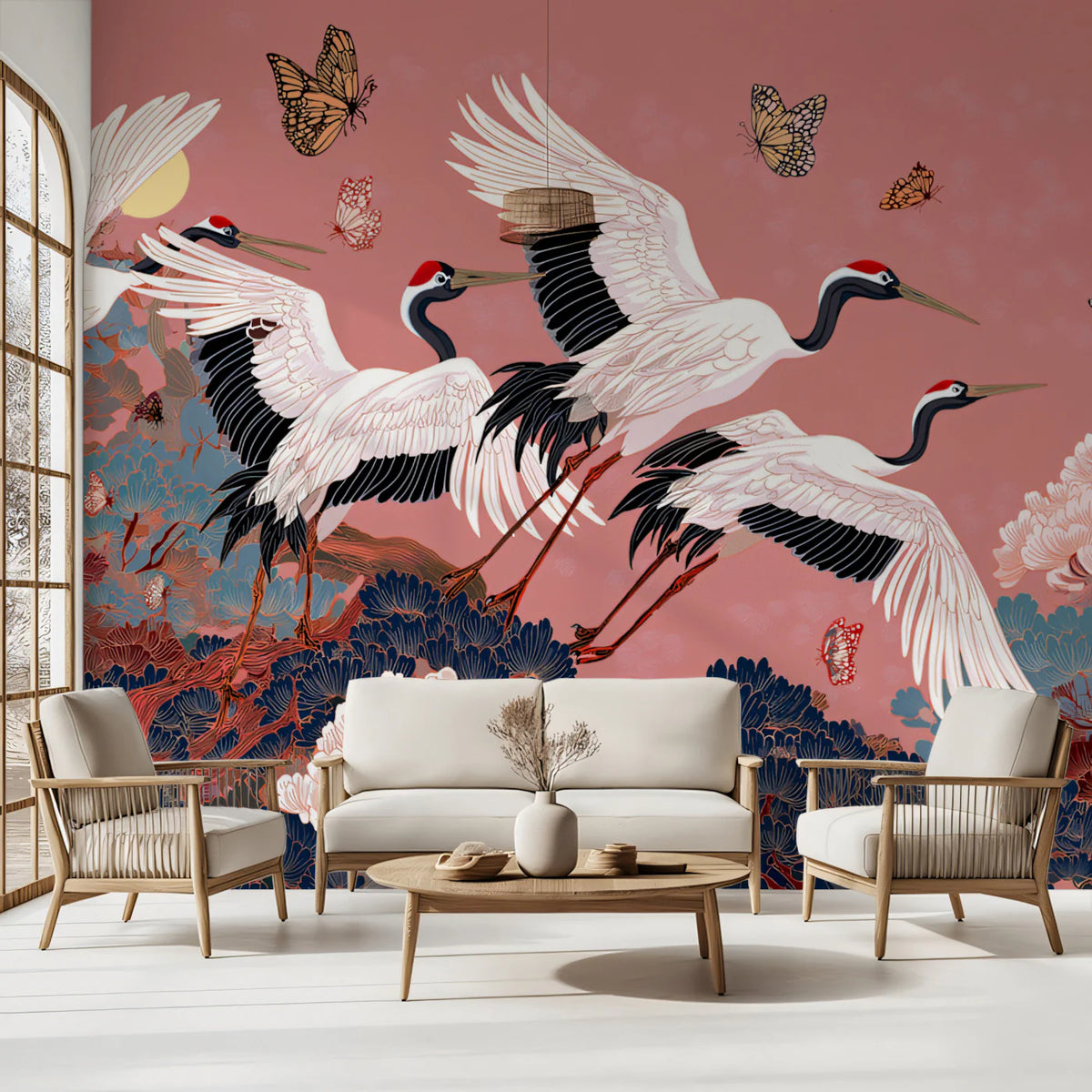 Cranes and Pine Trees Mural Wallpaper — Soft Pink Chinoiserie Mural Wallpaper - pure wallpaper artwork
