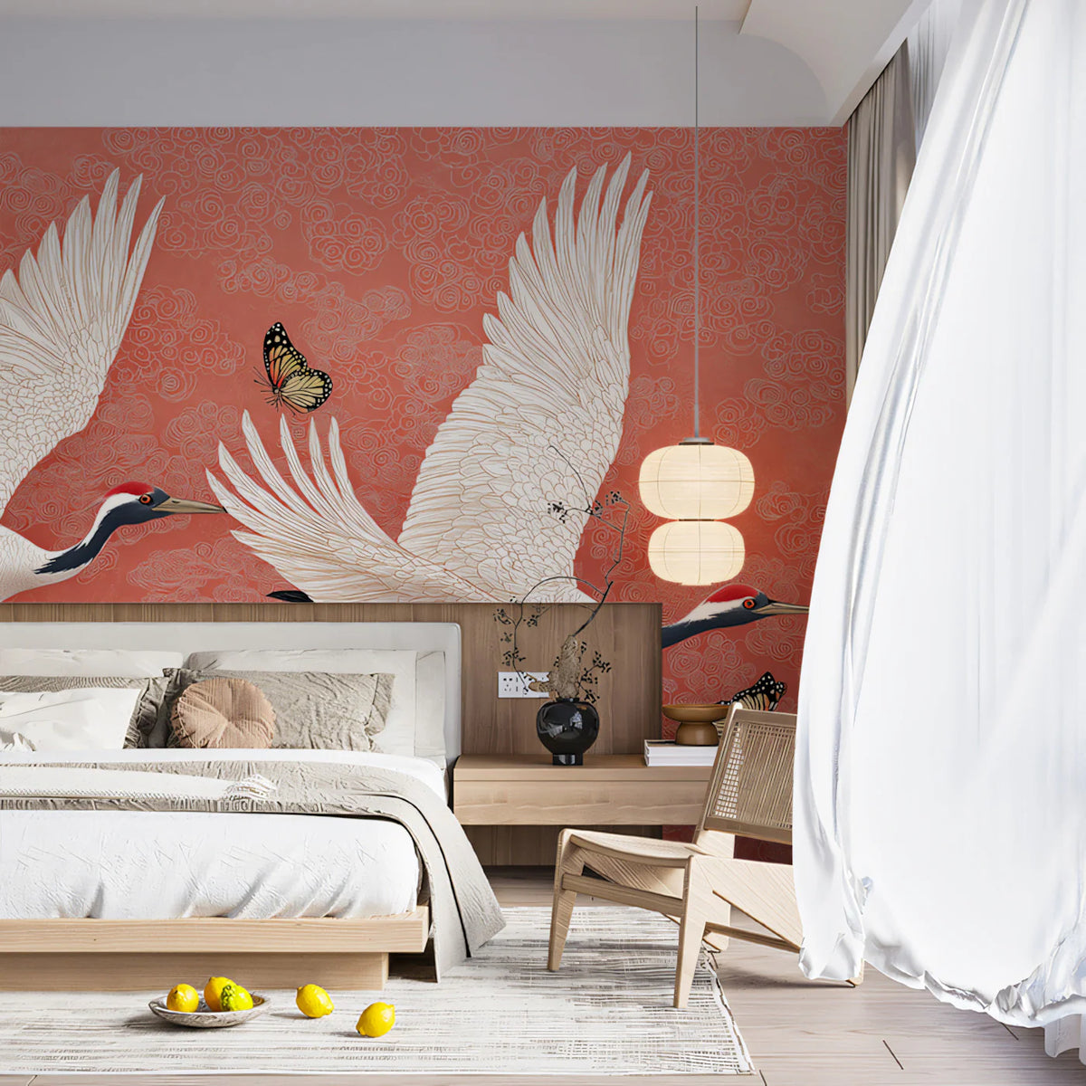 Soaring Cranes Coral Mural Wallpaper — Asian Inspired Art Mural Wallpaper - pure wallpaper artwork