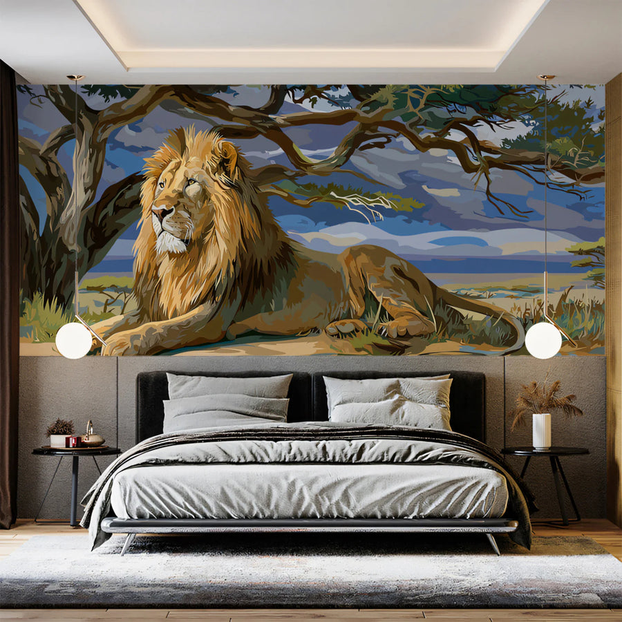 Lion Under Acacia Tree Mural Wallpaper — Safari Wildlife Illustration Mural Wallpaper