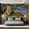 Lion Under Acacia Tree Mural Wallpaper — Safari Wildlife Illustration Mural Wallpaper - pure wallpaper artwork