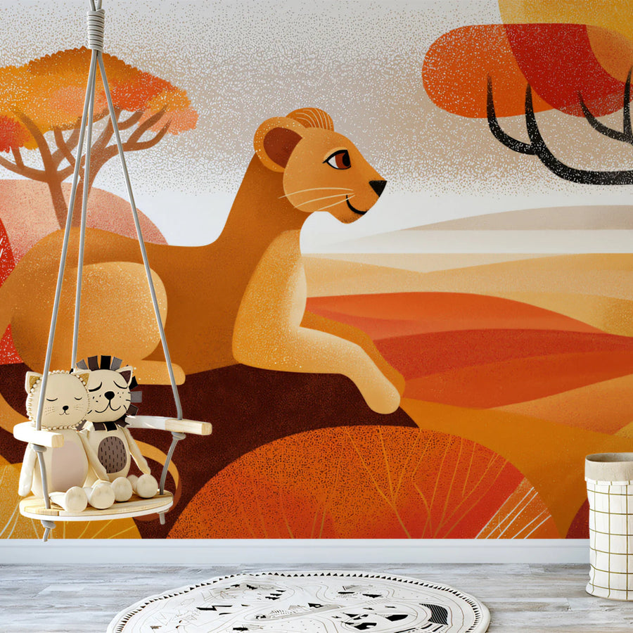 Stylized Lioness Safari Mural Wallpaper — Mid-Century Graphic Art Mural Wallpaper