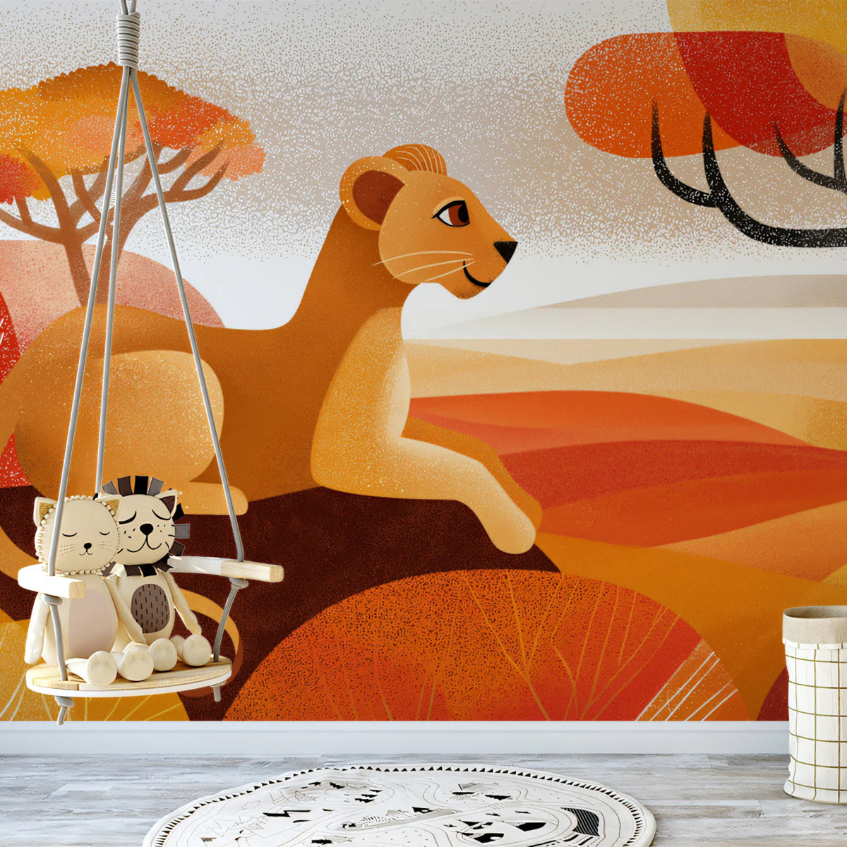 Stylized Lioness Safari Mural Wallpaper — Mid-Century Graphic Art Mural Wallpaper - pure wallpaper artwork