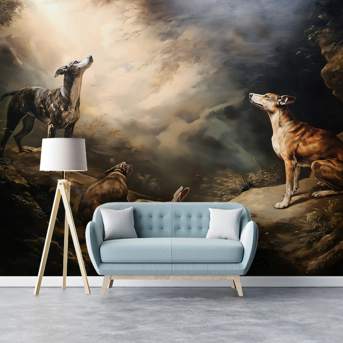 Greyhound Hunting Scene Mural Wallpaper — Dramatic Baroque Oil Painting Mural Wallpaper - pure wallpaper artwork