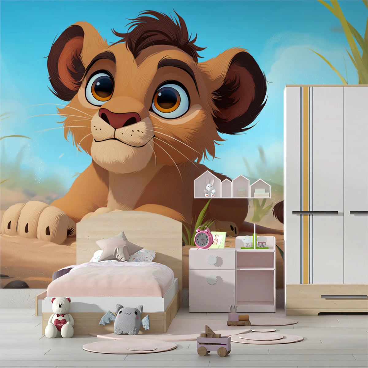 Lion Cub Sunny Savanna Mural Wallpaper — Cheerful Cartoon Wildlife Mural Wallpaper - pure wallpaper artwork