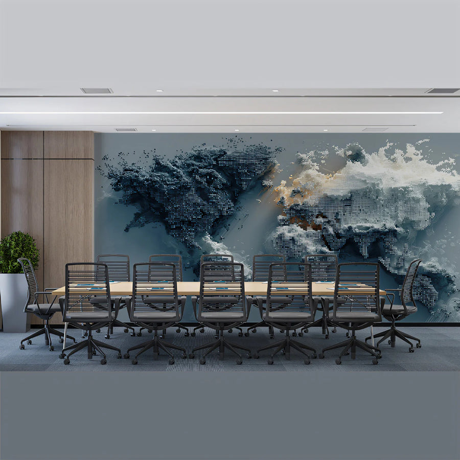 Pixelated World Map Mural Wallpaper — Modern Digital Glitch Art Mural Wallpaper