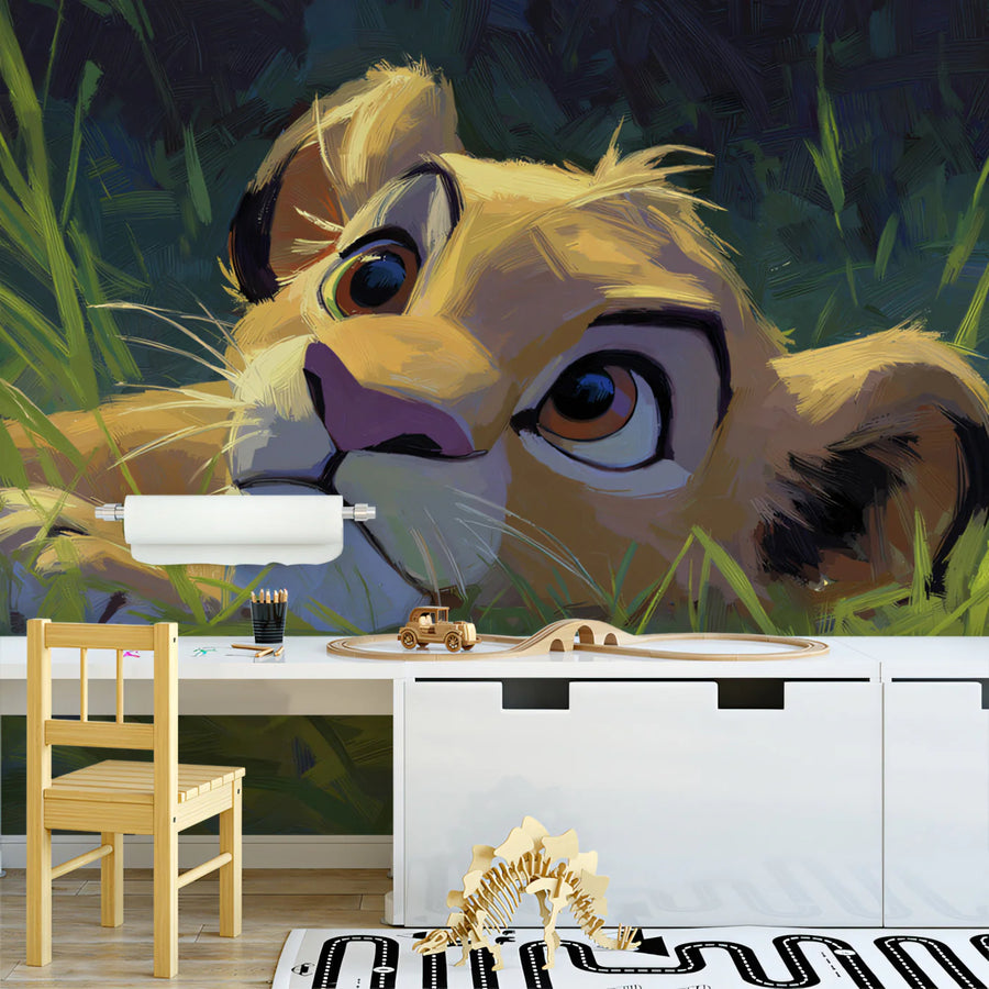 Lion Cub Oil Painting Mural Wallpaper — Expressive Wildlife Art Mural Wallpaper