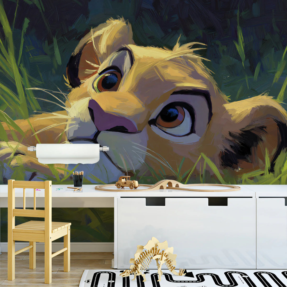 Lion Cub Oil Painting Mural Wallpaper — Expressive Wildlife Art Mural Wallpaper - pure wallpaper artwork