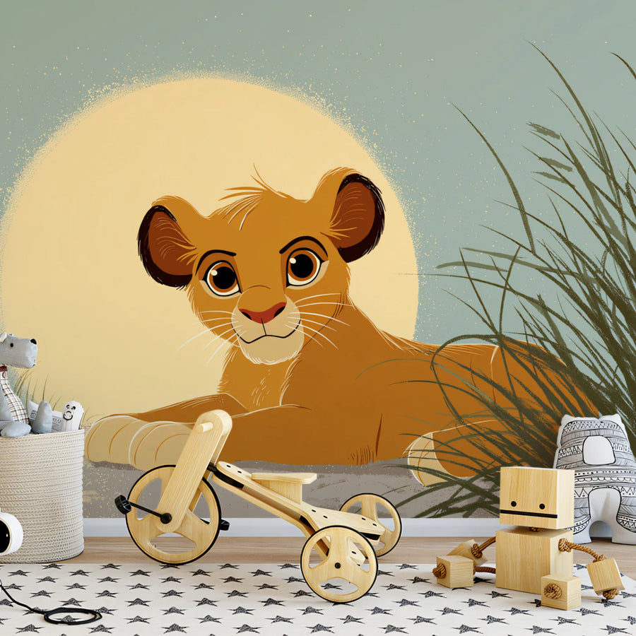 Lion Cub Sunrise Mural Wallpaper — Soft Savanna Illustration Mural Wallpaper