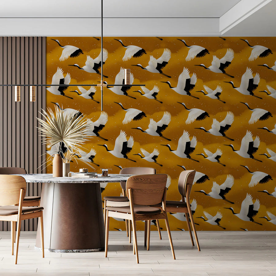 Golden Crane Flight Mural Wallpaper — Artistic East Asian Motif Mural Wallpaper