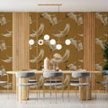 Flying Cranes Mural Wallpaper — Ochre and Cream Traditional Pattern Mural Wallpaper - pure wallpaper artwork