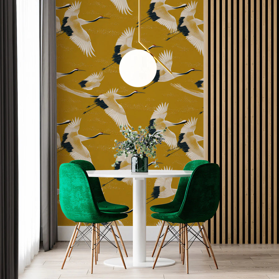 Flying Cranes Mural Wallpaper — Ochre Yellow Chinoiserie Pattern Mural Wallpaper
