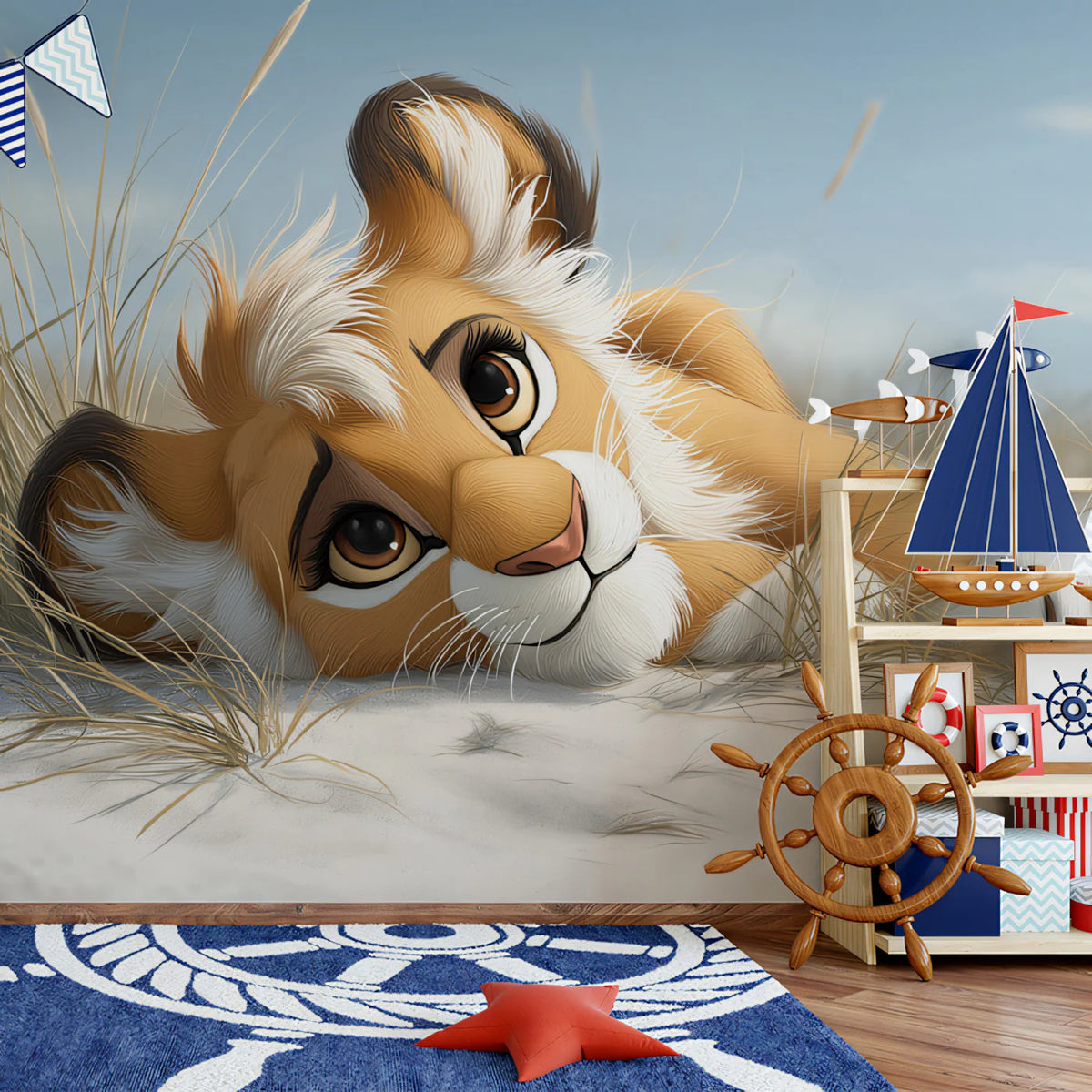 Lion Cub in Beach Dunes Mural Wallpaper — Soft Realistic Illustration Mural Wallpaper - pure wallpaper artwork