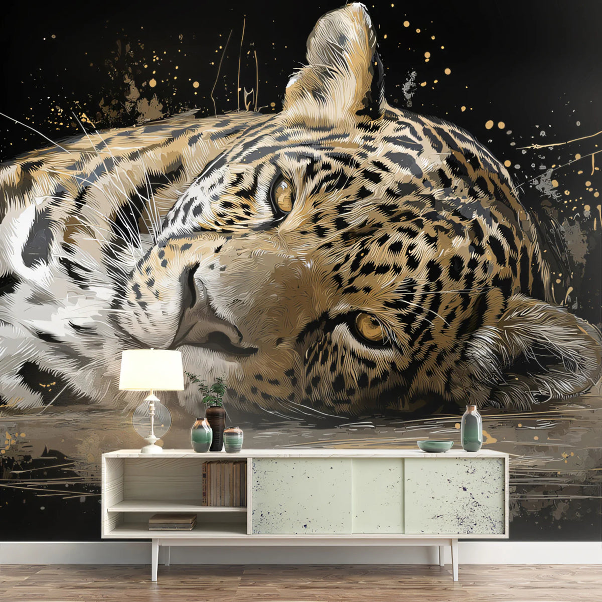 Resting Jaguar Mural Wallpaper — Moody Gold and Charcoal Wildlife Mural Wallpaper - pure wallpaper artwork