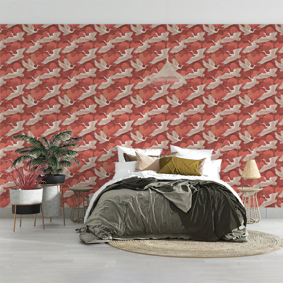 Flying Crane Chinoiserie Mural Wallpaper —Muted Coral Pink Mural Wallpaper
