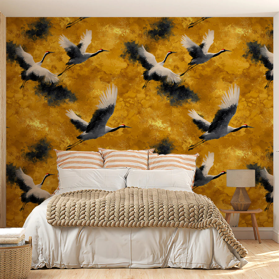 Ink Wash Crane Flight Mural Wallpaper — Golden Ochre and Charcoal Mural Wallpaper