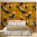 Ink Wash Crane Flight Mural Wallpaper — Golden Ochre and Charcoal Mural Wallpaper - pure wallpaper artwork
