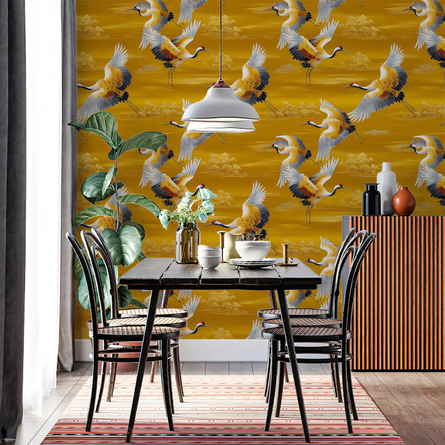Golden Crane Prosperity Mural Wallpaper — Traditional Oriental Motif Mural Wallpaper
