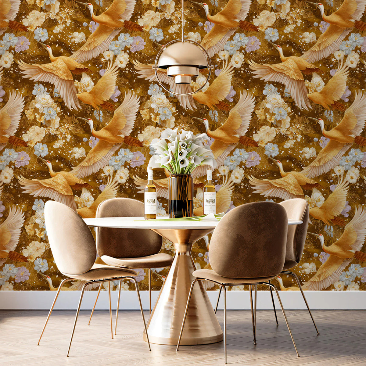 Golden Crane Botanical Mural Wallpaper — Warm Traditional Art Mural Wallpaper - pure wallpaper artwork