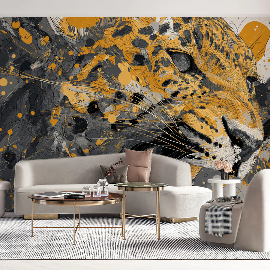 Jaguar Splatter Mural Wallpaper — Abstract Golden Animal Portrait Mural Wallpaper