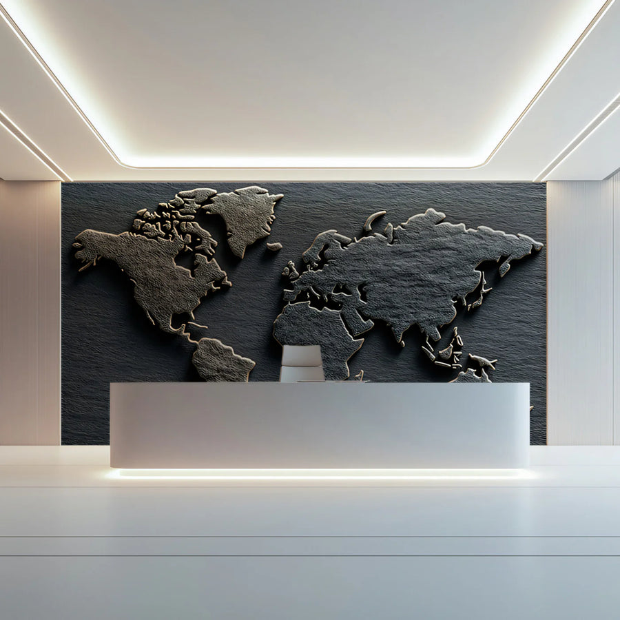 Chiseled World Map Mural Wallpaper — Rustic Stone Texture Mural Wallpaper