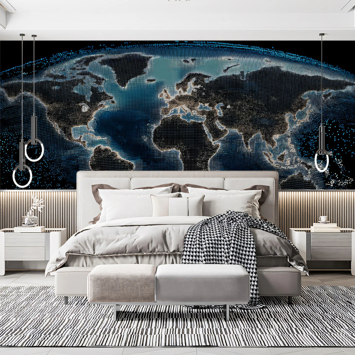 Digital Mesh World Map Mural Wallpaper — Cinematic Tech Aesthetic Mural Wallpaper - pure wallpaper artwork