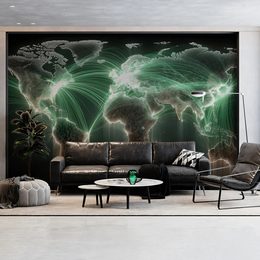 Global Data Network Mural Wallpaper — Modern Tech Aesthetic Mural Wallpaper