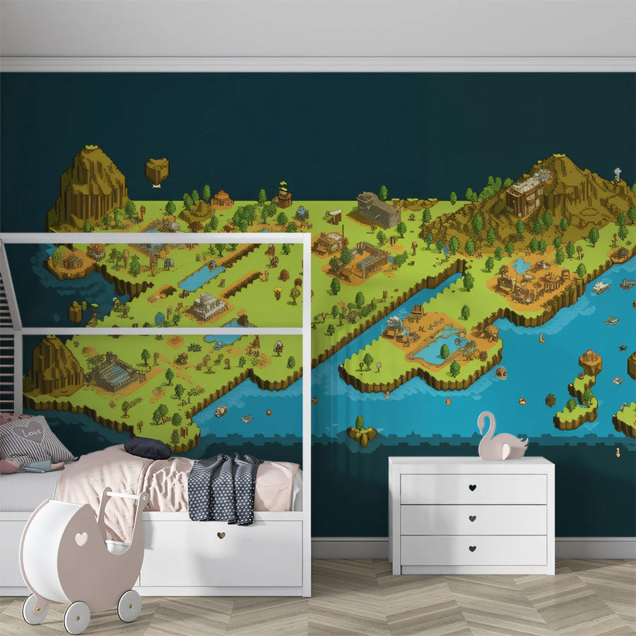 Fantasy Island Pixel Map Mural Wallpaper — Retro Isometric Design Mural Wallpaper