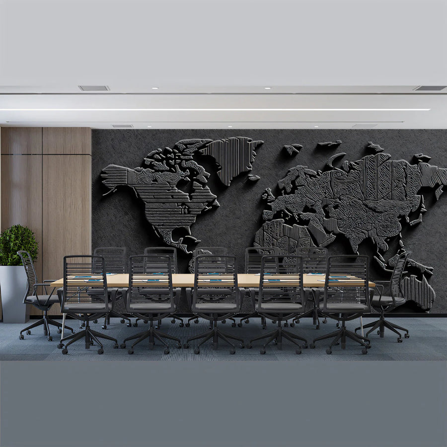 Textured Relief World Map Mural Wallpaper — Industrial Monochrome Mural Wallpaper