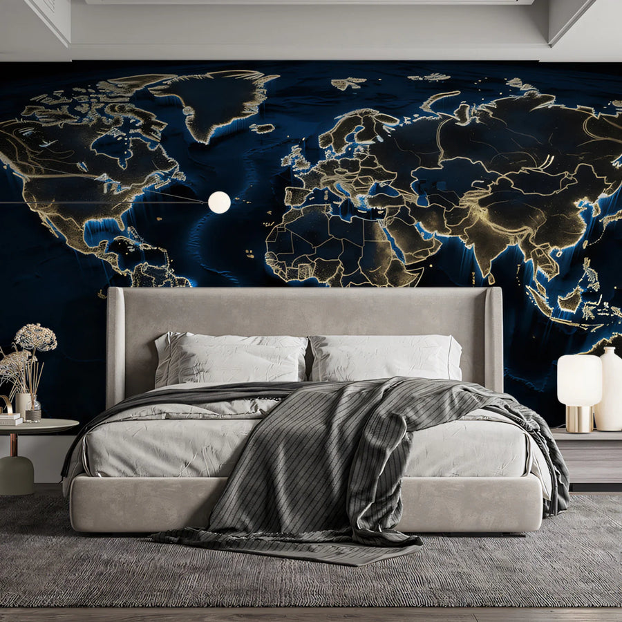 Luminous World Map Mural Wallpaper — Navy and Gold Abstract Design Mural Wallpaper