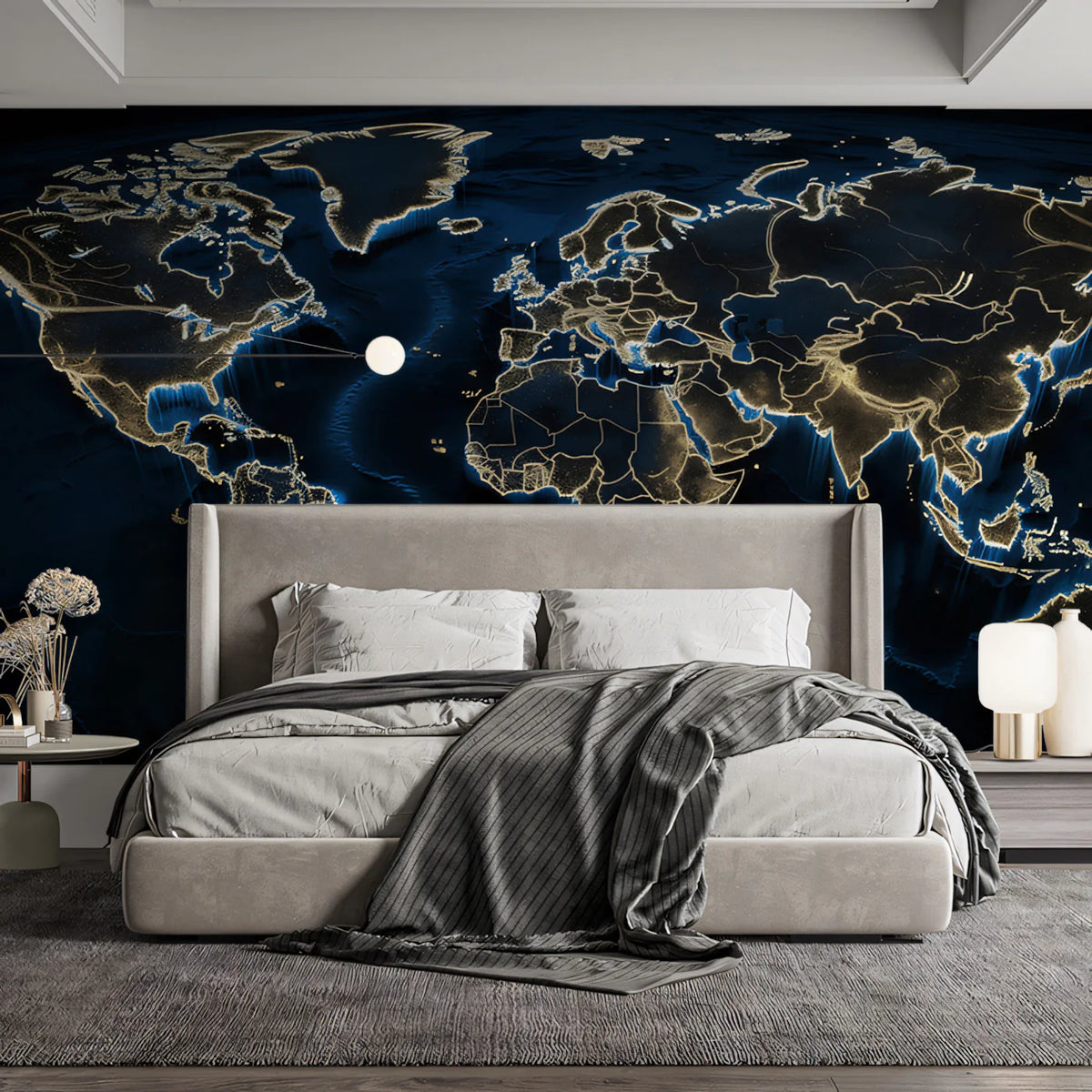 Luminous World Map Mural Wallpaper — Navy and Gold Abstract Design Mural Wallpaper - pure wallpaper artwork