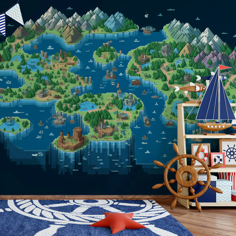 Isometric Pixel Island Map Mural Wallpaper — Retro Fantasy Art Mural Wallpaper